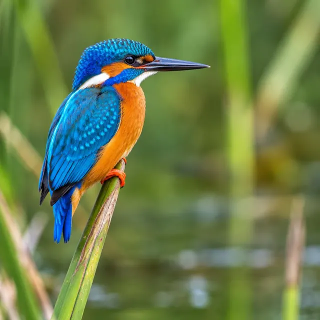 A kingfisher perched on a reed above the water (illustrative image)