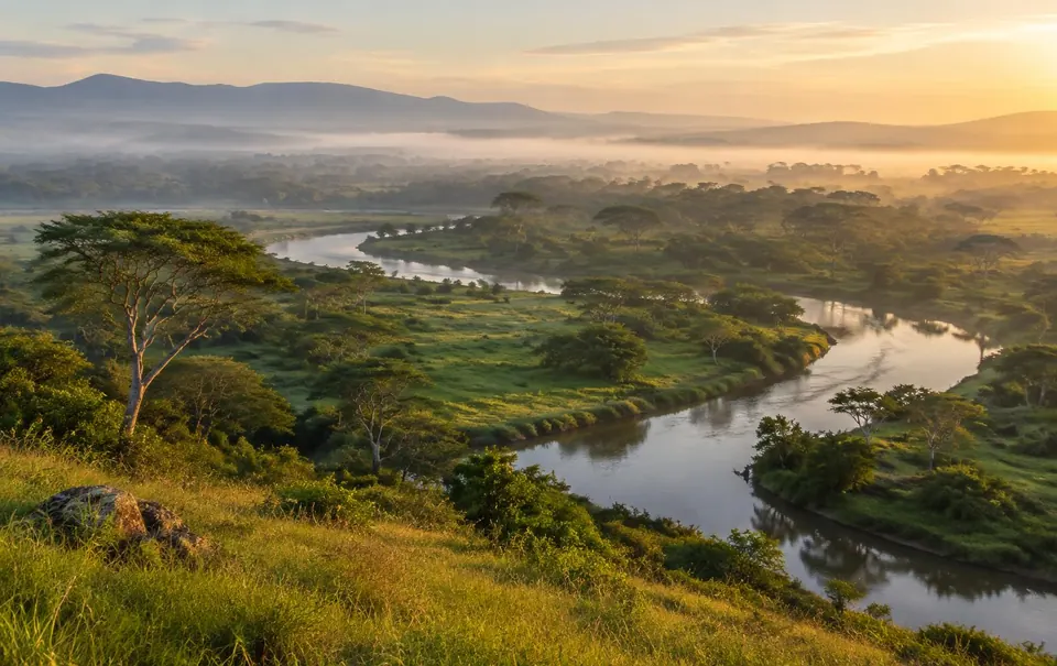 A winding river through misty floodplain forest at dawn (illustrative image)